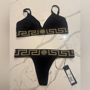 Versace Black Gold Greek Key & Medusa Emblem Bra & Thong Pantie